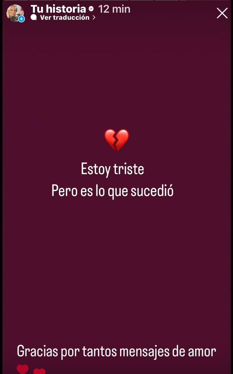 "Estoy triste pero es lo que sucedió", escribió Pilar Smith en Instagram junto al emoji de un corazón roto.