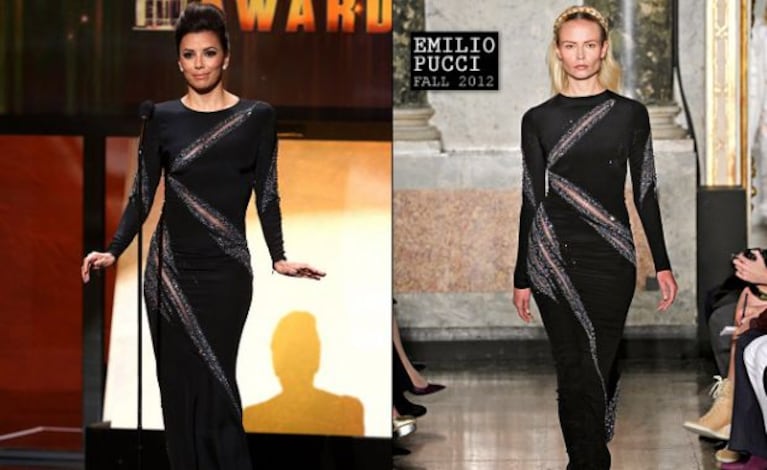 Eva Longoria con el vestido Emilio Pucci y el diseño sobre la pasarela. (Foto: Web)