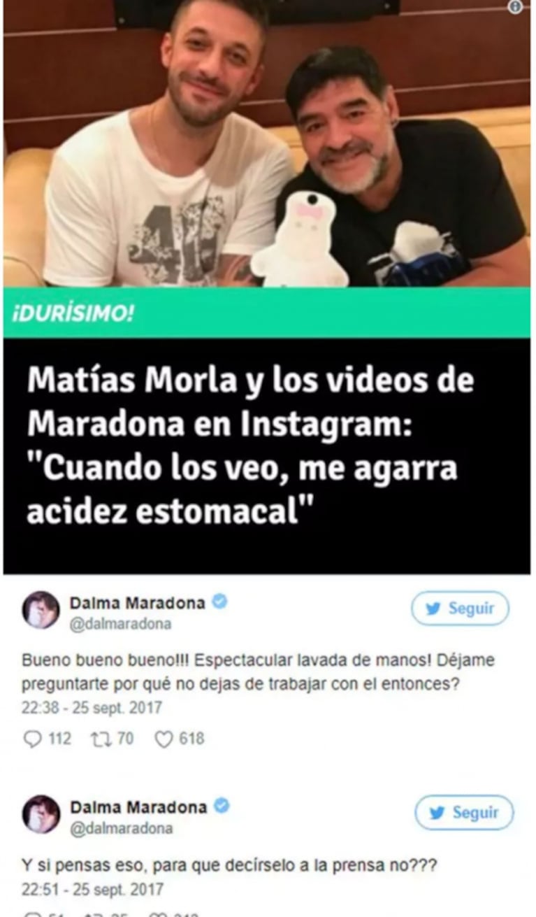 Explosiva catarata de tweets de Dalma y Gianinna Maradona contra Matías Morla: "¿Ponés de padrino de tu hija a un tipo que te da acidez estomacal?"