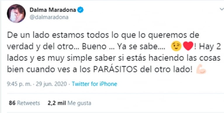 Explosiva frase de Dalma Maradona contra el entorno de Diego: "Del otro lado ves a los parásitos"