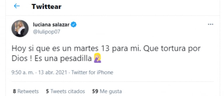 Explosivo tweet de Luciana Salazar en el día que tiene una mediación con Martín Redrado: "Martes 13 para mí; qué tortura"