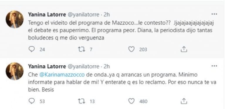 Explosivo tweet de Yanina Latorre contra Karina Mazzocco en el debut de su programa: "Por eso nunca te va bien"