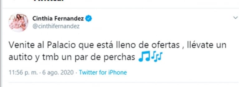 Explosivos tweets de Cinthia Fernández contra Baclini tras el paso de Agazzani por Cantando: "Al final cartonclini hace lo mismo con todas"