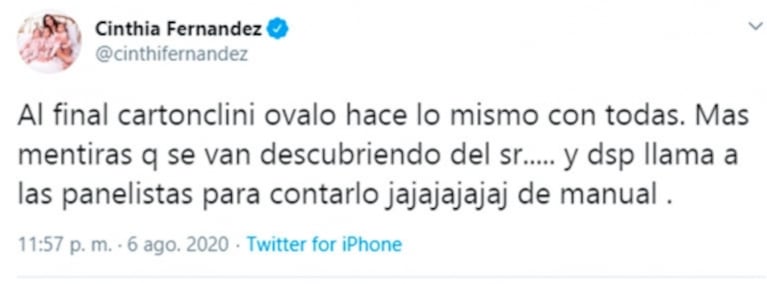 Explosivos tweets de Cinthia Fernández contra Baclini tras el paso de Agazzani por Cantando: "Al final cartonclini hace lo mismo con todas"