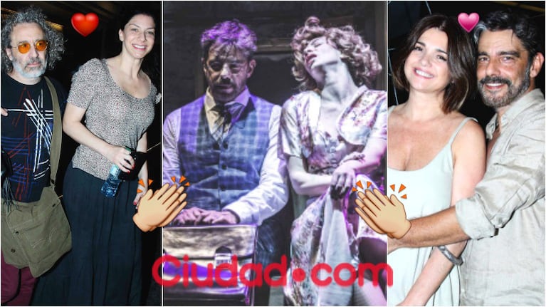 Fabián Mazzei y Romina Gaetani. apoyados por sus parejas en el debut de la obra La Momia (Fotos: Movilpress)