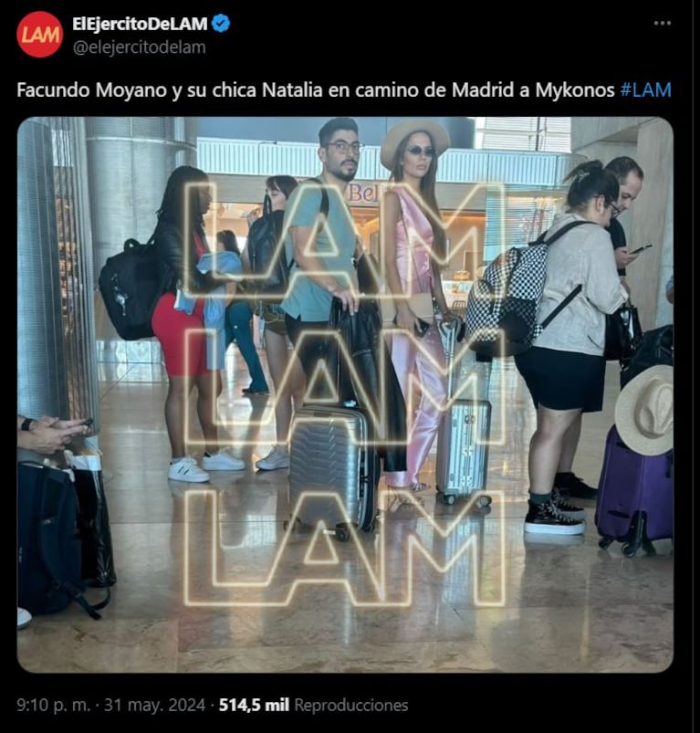 Facundo Moyano con la modelo, Natalia, en un aeropuerto (Foto: captura de la cuenta de X de LAM).