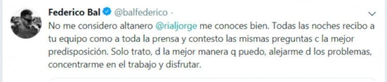 Fede Bal le respondió a Rial tras la dura crítica por su cambio de actitud con la prensa: "No soy altanero"