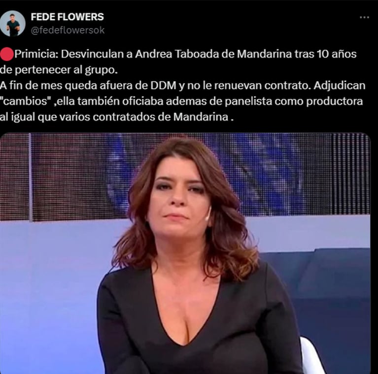 Fede Flowers anunció en X la desvinculación de Andrea Taboada.