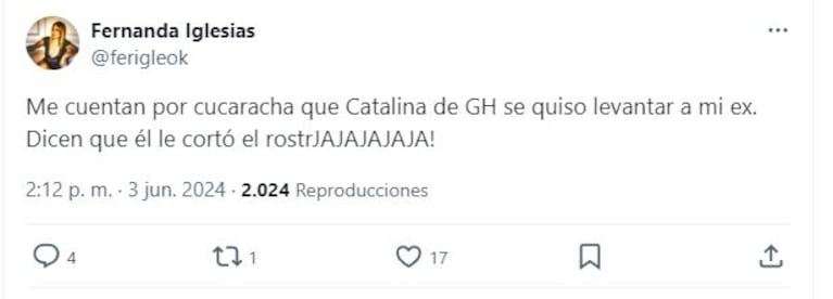 Fernanda Iglesias apuntó picantísima contra Catalina Gorostidi por querer levantarse a su ex