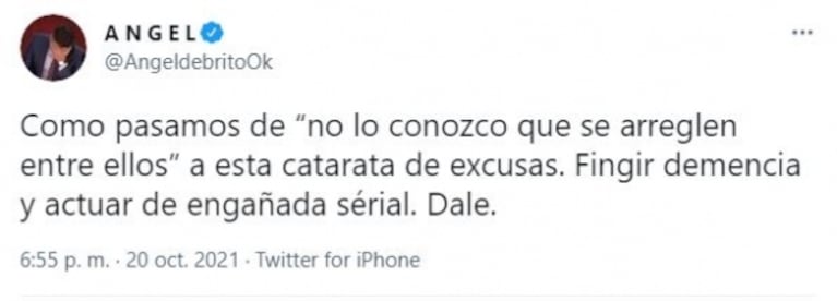 Feroz crítica de Ángel de Brito tras el descargo de China Suárez: "Fingió demencia y actuó de engañada serial"