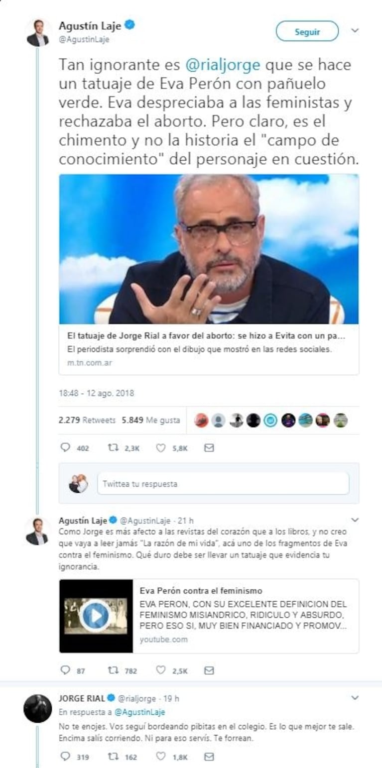 Feroz cruce de Jorge Rial con el escritor Agustín Laje en Twitter