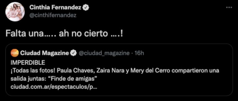 Filosa chicana de Cinthia Fernández tras el encuentro de Paula Chaves, Mery del Cerro y Zaira Nara, sin China Suárez: "Falta una"