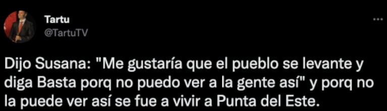 Filosa crítica de Tartu a Susana Giménez por sus declaraciones sobre Argentina