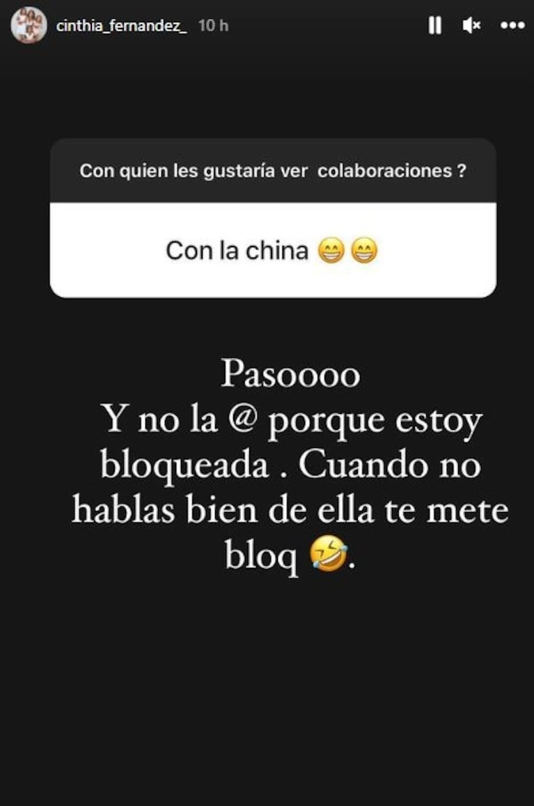 Filosa respuesta de Cinthia Fernández sobre la posibilidad de trabajar con la China Suárez: "Paso, y no la arrobo porque me bloqueó"