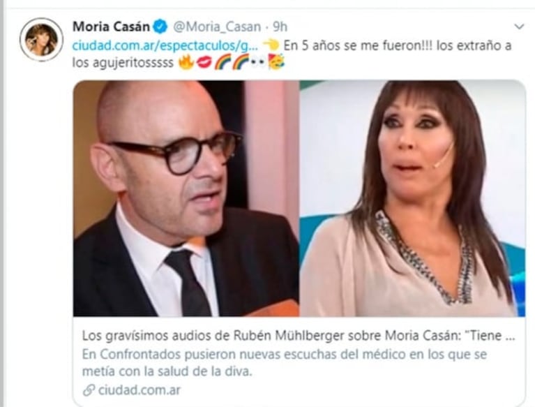 Filosa respuesta de Moria Casán luego de que Mühlberger dijera que tiene "el cerebro comido por la cocaína": "Tengo el cerebro con agujeritos"