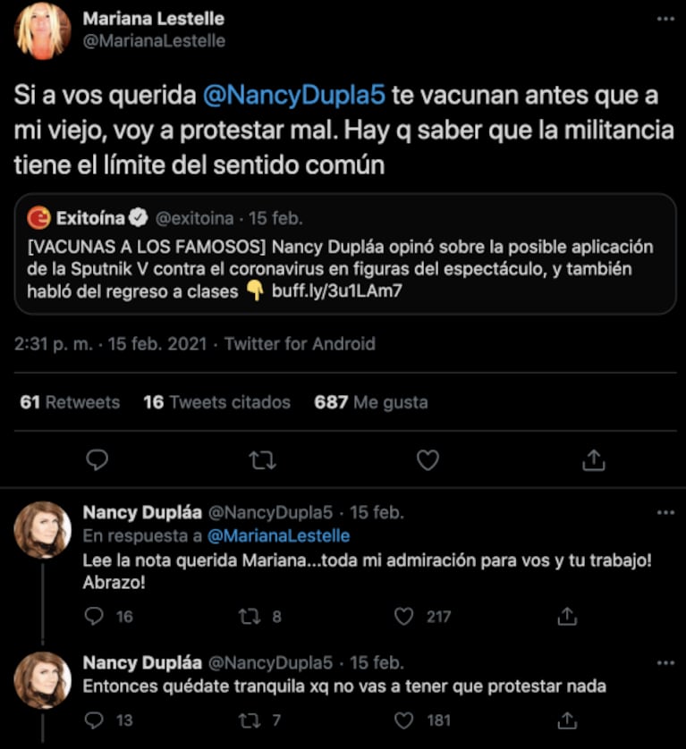 Filoso cruce entre Nancy Dupláa y Mariana Lestelle por las vacunas contra el covid a los famosos: "Si te vacunan a vos querida antes que a mi viejo, voy a protestar"