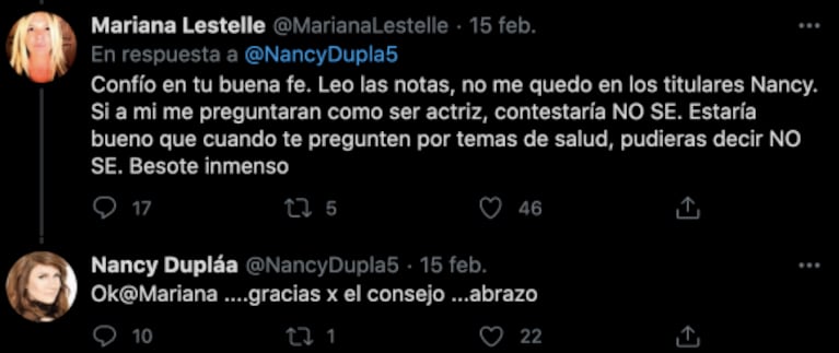 Filoso cruce entre Nancy Dupláa y Mariana Lestelle por las vacunas contra el covid a los famosos: "Si te vacunan a vos querida antes que a mi viejo, voy a protestar"