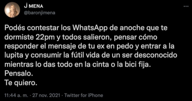 Filoso tweet de Jimena Barón sobre un ex: "Pensar cómo responder el mensaje de tu ex borracho"