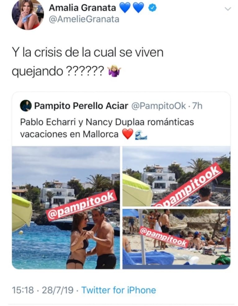 Filosos tweets de Granata y Yanina Latorre por las postales de Pablo Echarri con Nancy Dupláa de vacaciones