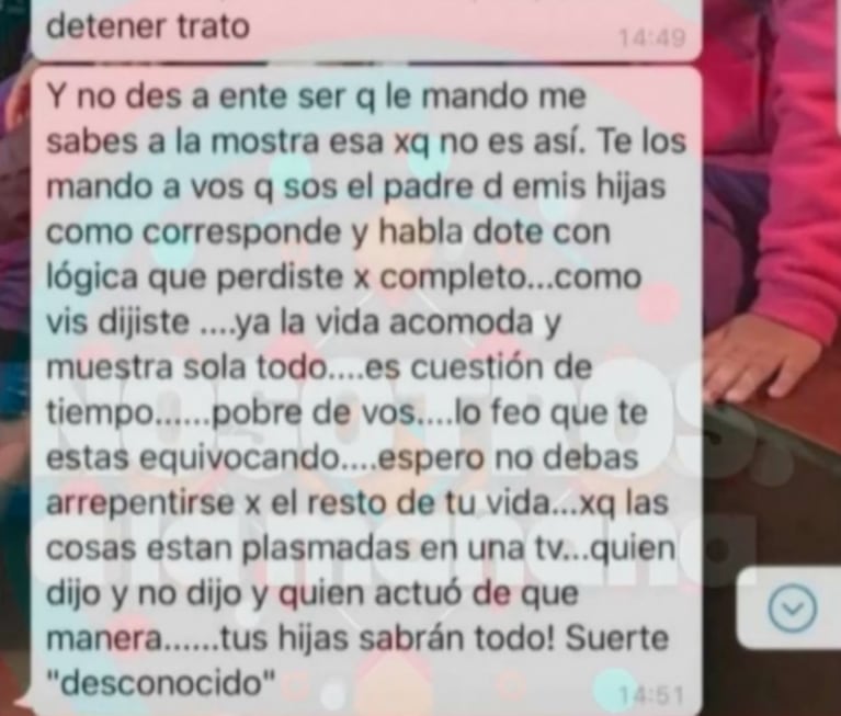 Filtran WhatsApp de Nicole Neumann a Fabián Cubero y Mica Viciconte: "La cag... los dos por descerebrados"