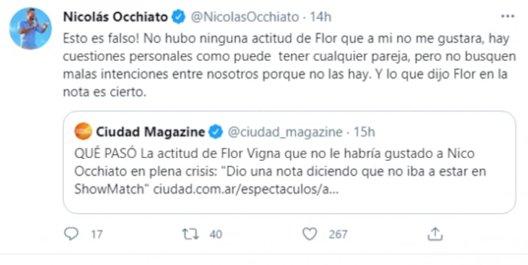 Firme aclaración de Nico Occhiato tras la separación de Vigna: "¡Eso es falso! No hubo ninguna actitud de Flor que me no me gustara"