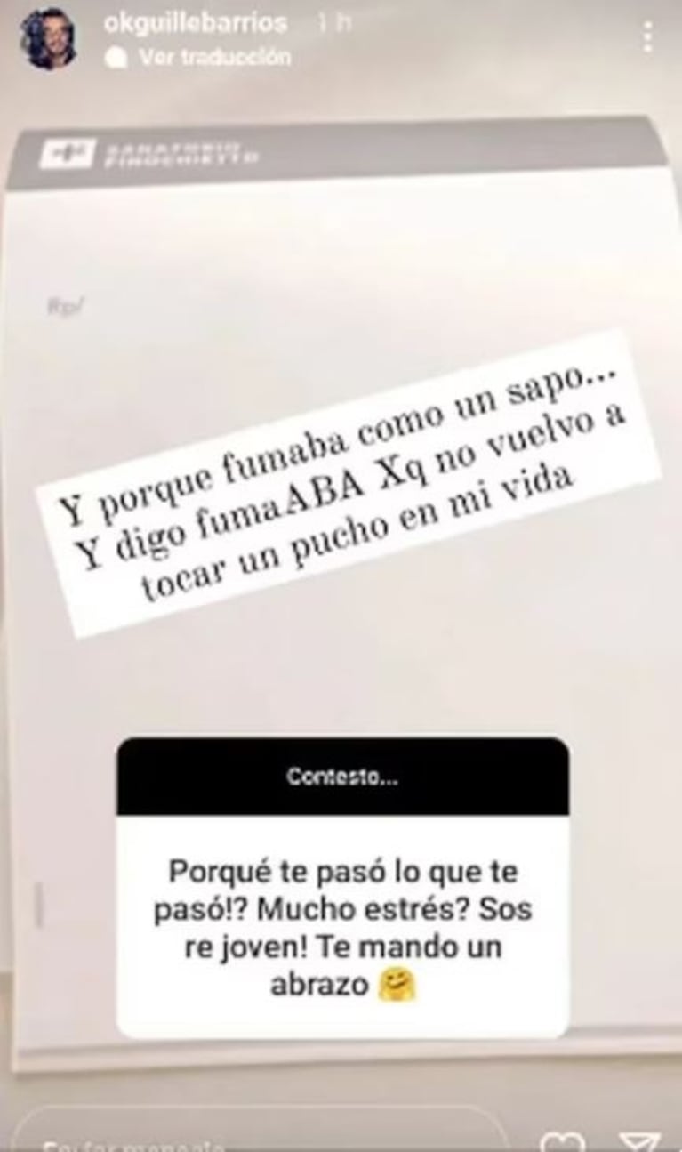 Firme decisión de Guillermo Barrios mientras se recupera de una neumonía bilateral: "No vuelvo a tocar un cigarrillo en mi vida"