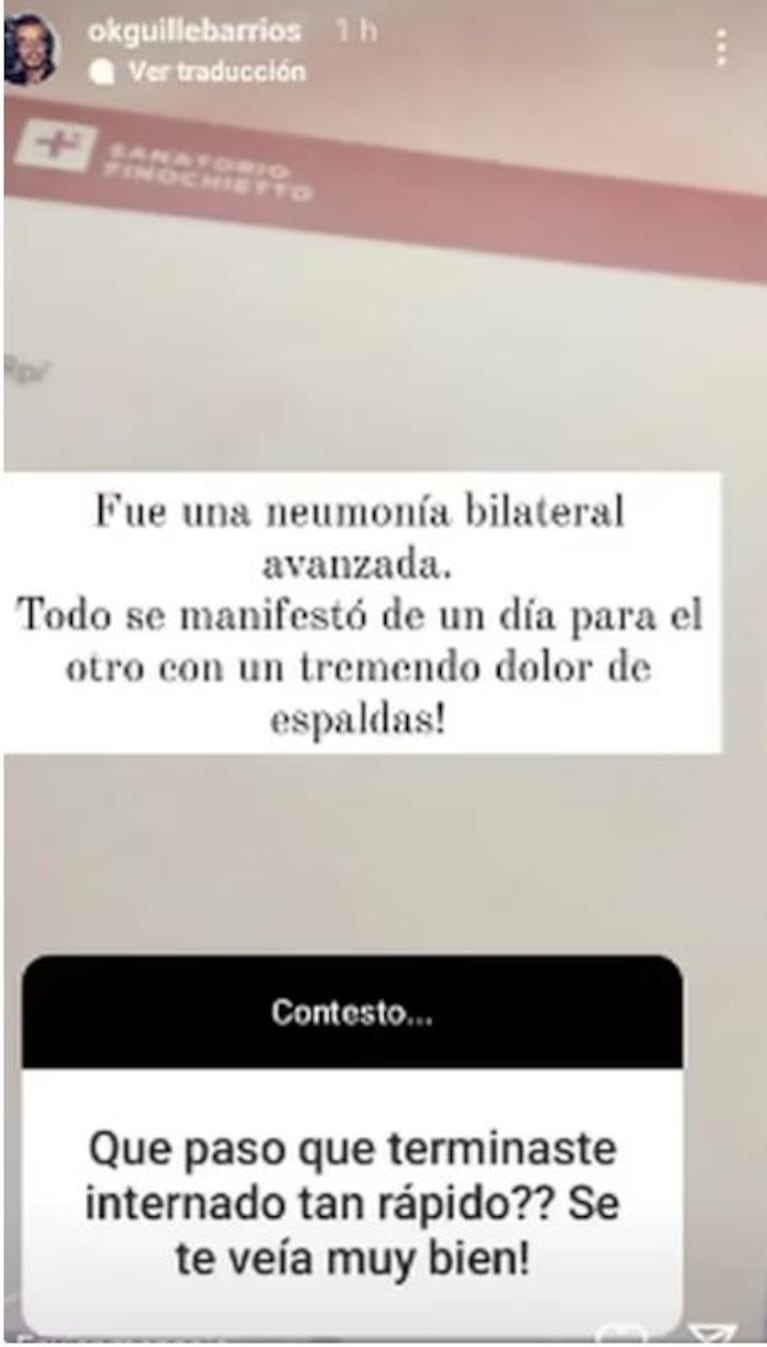 Firme decisión de Guillermo Barrios mientras se recupera de una neumonía bilateral: "No vuelvo a tocar un cigarrillo en mi vida"