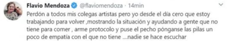 Flavio Mendoza apuntó contra sus colegas, tras la baja de la temporada teatral: "Lástima su poco apoyo y empatía"