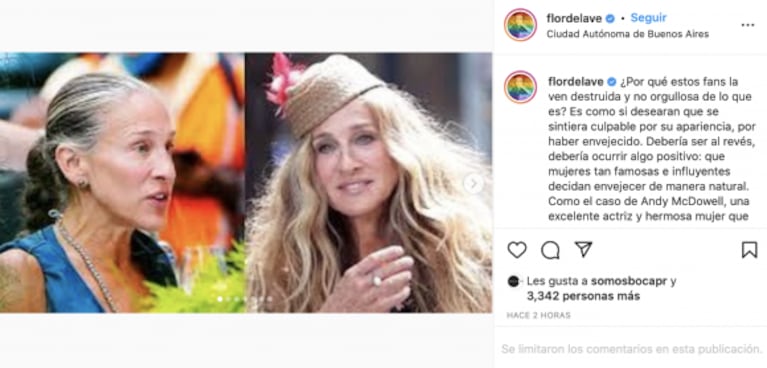 Flor de la Ve defendió a Sarah Jessica Parker de las críticas por su aspecto: "¿Por qué la ven destruida y no orgullosa de lo que es?"