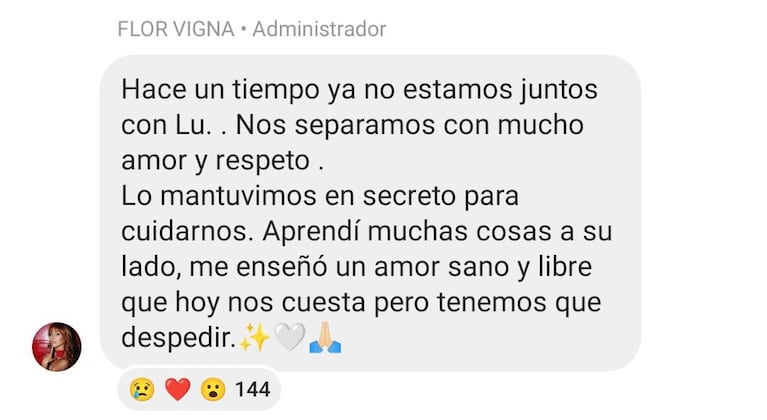 Flor Vigna anunció su separación de Luciano Castro: qué pasó entre ellos