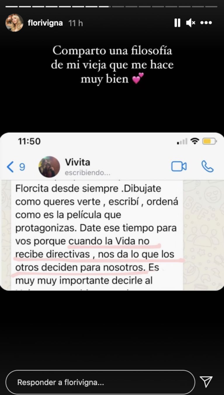 Flor Vigna compartió el significativo mensaje que le mandó su mamá: "Una filosofía de mi vieja que me hace muy bien"