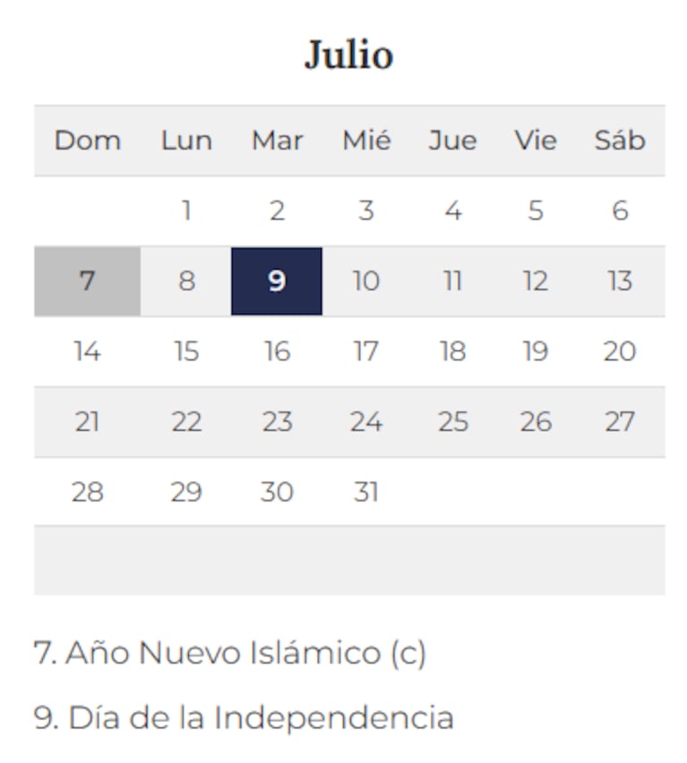 (Foto: Calendario Oficial de Feriados)