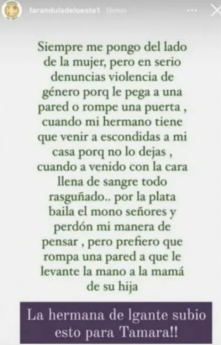 Fuerte acusación de la hermana de L-Gante a Tamara Báez: "Él ha venido con la cara toda rasguñada"