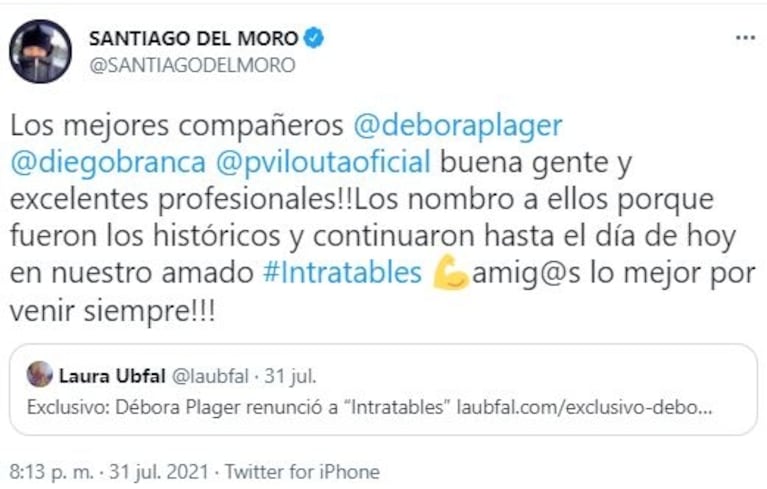 Fuerte apoyo de Santiago del Moro a Débora Plager tras su renuncia a Intratables por la llegada de Alejandro Fantino: "Fueron los históricos"