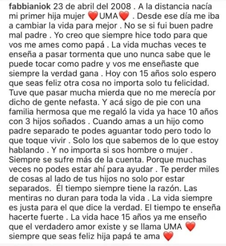 Fuerte crítica de Pampito al Ogro Fabbiani por su explosivo posteo tras el cumple de 15 de su hija: "Le arruinás el día a Uma"