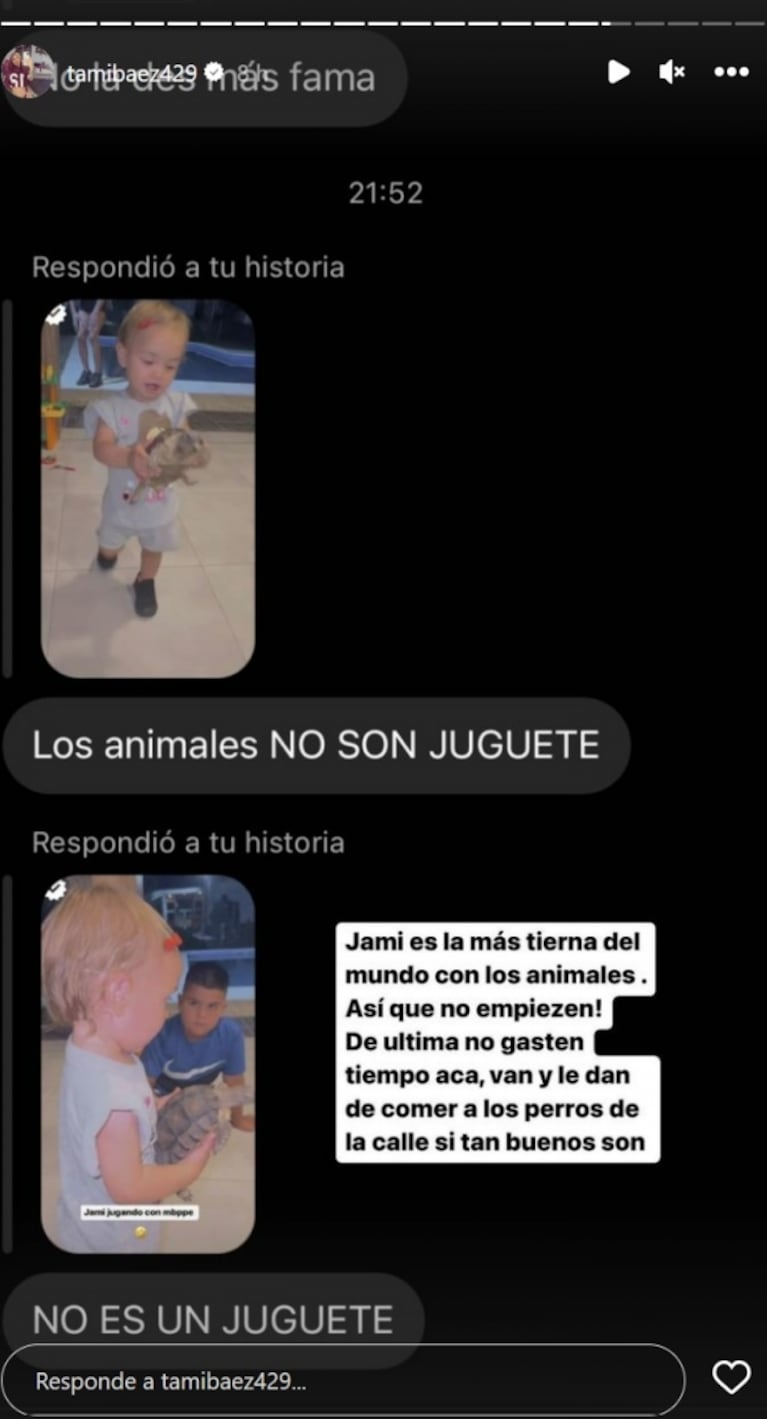 Fuerte cruce de Tamara Báez con una seguidora que la criticó porque su hija juega con una tortuga