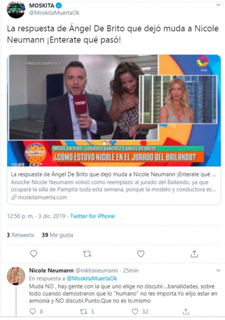 Fuerte cruce twittero de Ángel de Brito con Nicole Neumann, quien lo acusó de "panqueque": chicanas y explosiva comparación con Pampita