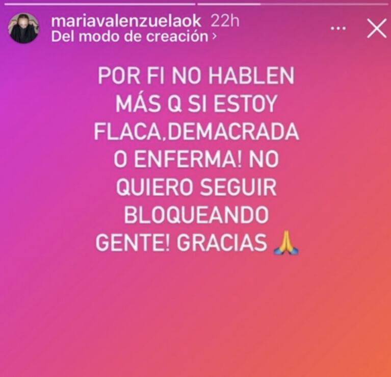 Fuerte descargo de María Valenzuela por los comentarios sobre su aspecto físico: "No hablen más"