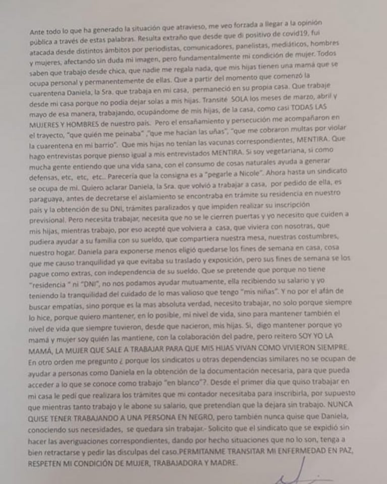 Fuerte descargo de Nicole Neumann sobre su empleada doméstica: "Nunca la quise tener trabajando en negro"