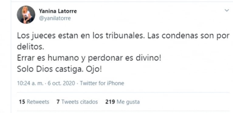 Fuerte mensaje de Yanina Latorre tras el careo de Nacha Guevara con Lola: "Solo Dios castiga"