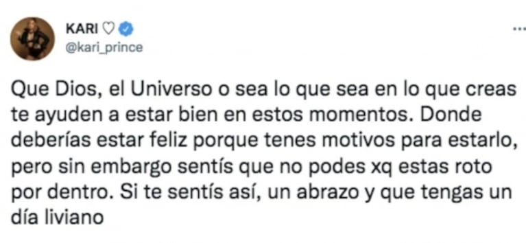 Fuerte posteo de Karina La Princesita dedicado a sus seguidores: "Sentís que estás roto por dentro"