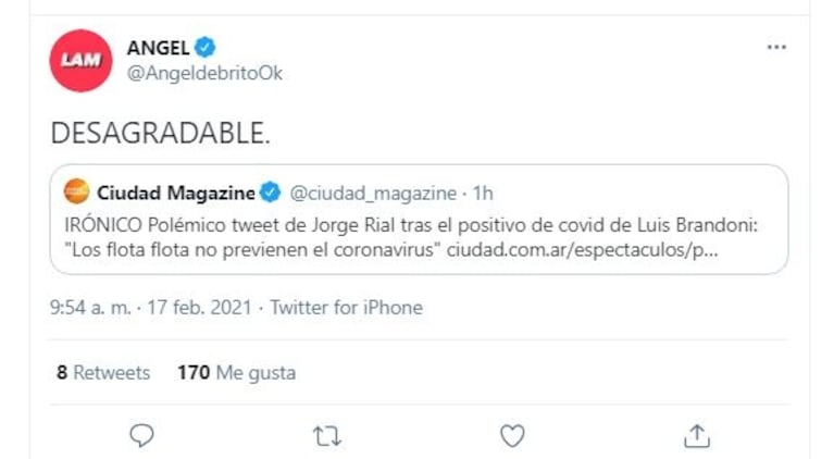 Fuerte reacción de Ángel de Brito tras el polémico tweet de Jorge Rial sobre el covid positivo de Luis Brandoni: "Desagradable"