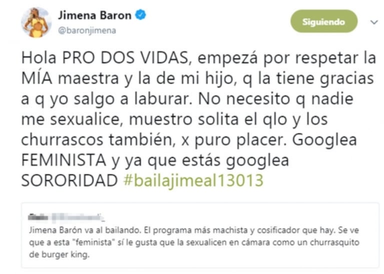 Fuerte reacción de Jimena Barón ante una dura crítica por su participación en el Bailando