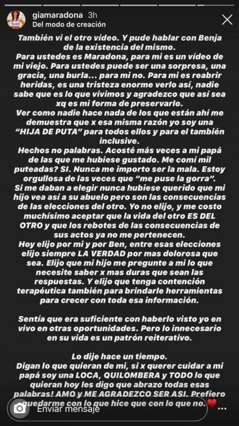 Fuerte reacción y descargo de Gianinna Maradona por el video de Diego: "Nunca hubiese querido que mi hijo vea así a su abuelo"