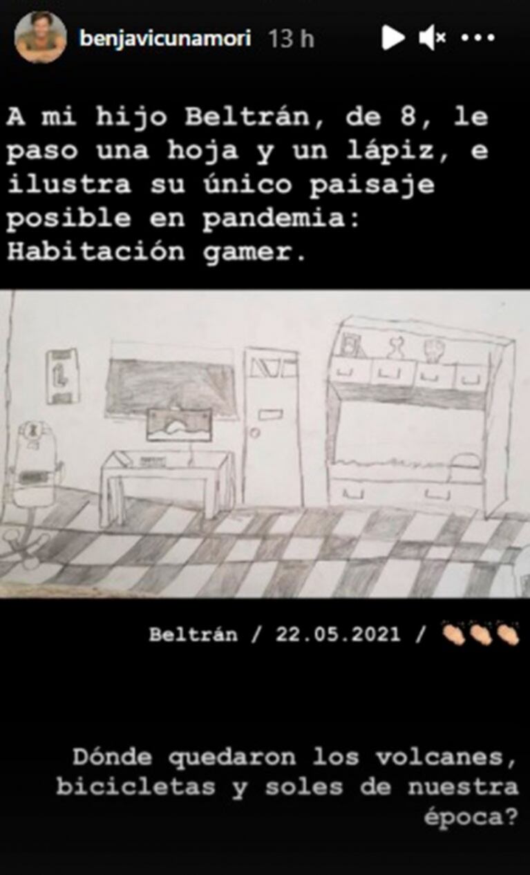 Fuerte reflexión de Benjamín Vicuña al ver un dibujo de su hijo Beltrán en plena pandemia: "¿Dónde quedaron los volcanes y soles?"