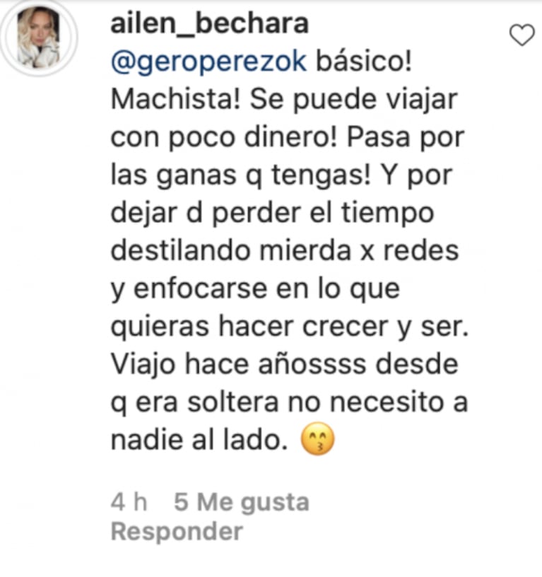 Fuerte respuesta de Ailén Bechara a un seguidor que le cuestionó sus viajes: "Viajo hace años, desde que era soltera”