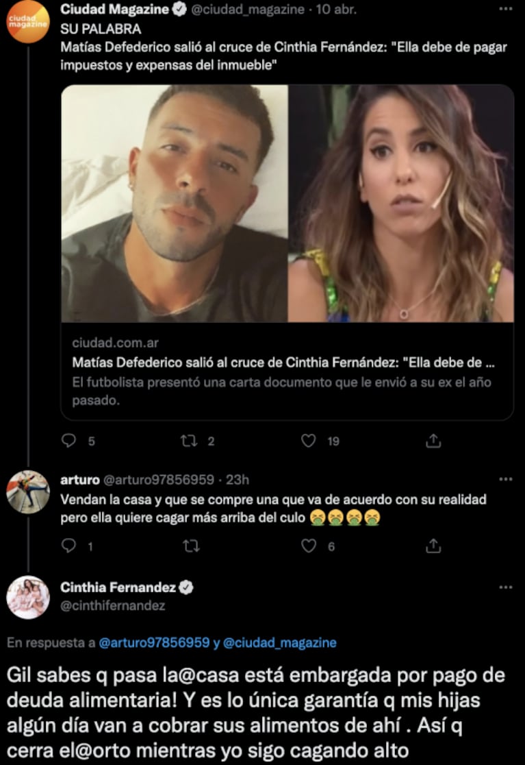 Fuerte respuesta de Cinthia Fernández a un usuario de Twitter por el conflicto con Matías Defederico: "Gil"