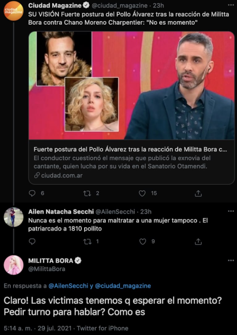 Fuerte respuesta de Militta Bora a Pollo Álvarez por decir que no es momento de criticar a Chano: "¿Las víctimas tenemos que pedir turno para hablar?"