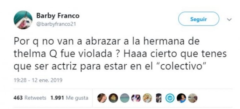 Fuerte tweet de Barby Franco contra Actrices Argentinas: "¿Por qué no van a abrazar a la hermana de Thelma Fardin que fue violada?"