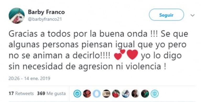 Fuerte tweet de Barby Franco contra Actrices Argentinas: "¿Por qué no van a abrazar a la hermana de Thelma Fardin que fue violada?"